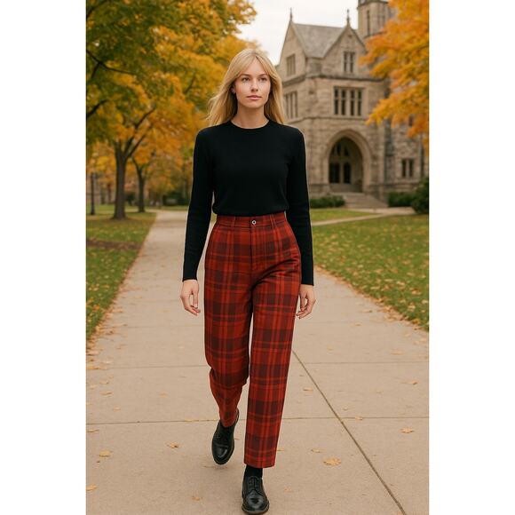 WILFRED NWT ARITZIA Dawna Check Plaid Barrel Leg Pant Burgundy Size Small Autumn - Picture 1 of 10